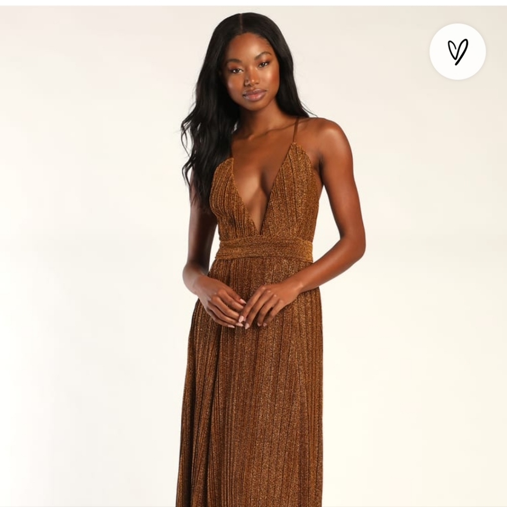 NWT LULU'S Magical Looks Gold Sparkly Pleated Maxi Dress